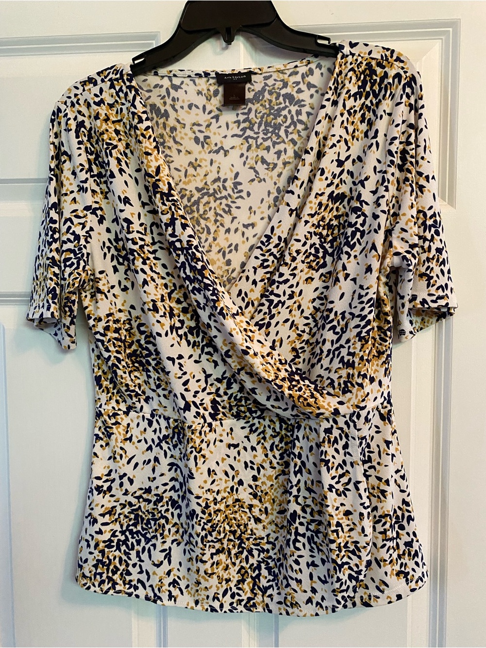 Ann Taylor White Wrap-Style Blouse with Navy & Mustard Print